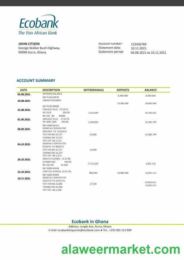 Ghana Ecobank bank statement template, Word and PDF format